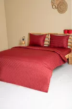 Nevresim Takımı, Çizgili Saten - Kırmızı İnci - Görsel 4