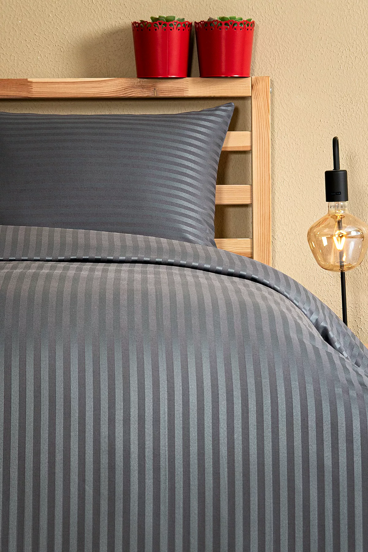 Nevresim Takımı, Çizgili Saten - Gri İnci - Görsel 2