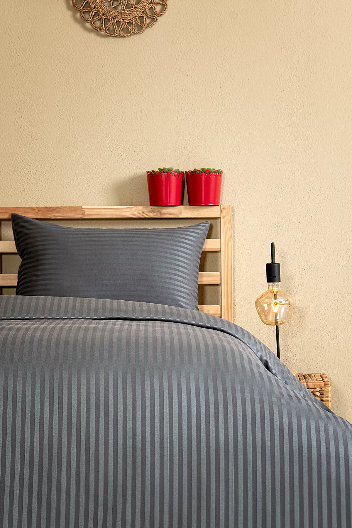 Nevresim Takımı, Çizgili Saten - Gri İnci - Görsel 1