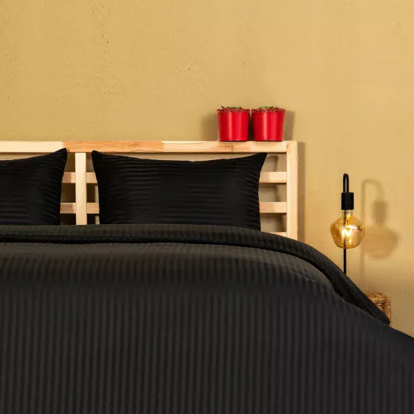 Nevresim Takımı, Çizgili Saten - Siyah İnci